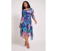 Yours Women's Floral Asymmetric Mesh Dress in Blue | Size: 22 Yours Blue 22