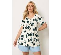 Yours Curve Floral Button Front Ribbed Swing Top - Women's - Plus Size Curve Cream