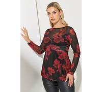 Floral Gathered Mesh Top Yours Black 22-24