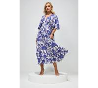 Yours London Curve Floral Linen Look Wrap Dress - Women's - Plus Size Curve Blue