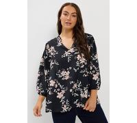 Yours Women's Floral Notch Neckline Top in Black | Size: 22/24