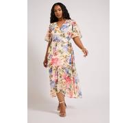 Yours Women's Floral Print Metallic Wrap Dress in White | Size: 18