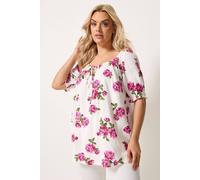 Yours Curve Floral Print Puff Sleeve Top - Women's - Plus Size Curve White