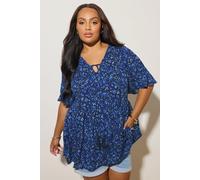 Yours Curve Floral Print Tie Front Top - Women's - Plus Size Curve Blue