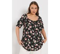 Yours Curve Floral Print Tie Neck Top - Women's - Plus Size Curve Black