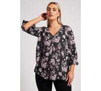 Yours London Curve Floral Print V-Neck Blouse - Women's - Plus Size Curve Black