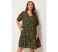 Yours Women's Floral Tiered Mini Smock Dress in Black | Size: 18