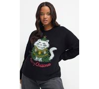Yours Women's Fluffy Cat Sequin Christmas Jumper in Black | Size: 26/28