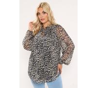 Yours Women's Frill Neck Leopard Print Blouse in Black | Size: 16 Yours Black 16