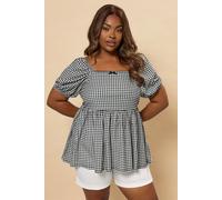 Yours Women's Gingham Bow Front Peplum Top in Black | Size: 14