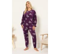 Yours Women's Heart Print Fleece Pyjama Set in Burgundy | Size: 26-28 Yours Burgundy 26-28