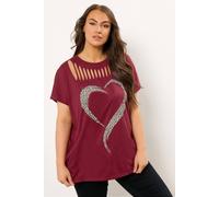 Yours Women's Heart Slash Detail T-Shirt in Burgundy | Size: 30/32
