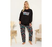 Yours Women's 'Holly Jolly' Wide Leg Pyjama Set in Black | Size: 26-28 Yours Black 26-28
