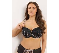 Yours Women's Lace Leopard Trim Padded Bra in Black | Size: 44F