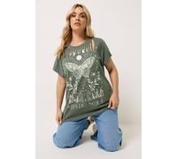 Yours Women's Laser Cut Slogan T-Shirt in Olive | Size: 26-28 Yours Olive 26-28