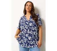 Yours Curve Blue Leaf Notch Neck Top - Women's - Plus Size Curve