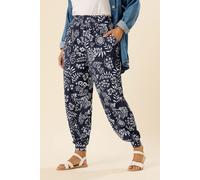 Yours Women's Leaf Print Cuffed Harem Trousers in Dark Navy | Size: 22-24 Yours Dark Navy 22-24