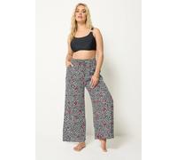 Yours Curve Leopard & Cherry Print Crinkle Beachwear Wide Leg Trousers - Women's - Plus Size Curve Black