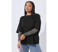 Yours Women's Leopard Mesh Sleeve T-Shirt in Black | Size: 18