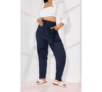 Yours Curve Blue Linen Tie Front Tapered Joggers - Women's - Plus Size Curve