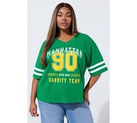 Yours Women's 'Manhattan 90' Varsity Print T-Shirt in Green | Size: 20 Yours Green 20