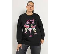 Yours Women's 'Merry Christmas' Cocktail Glitter Novelty Sweatshirt in Black | Size: 14/16