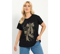 Yours Women's 'Merry Christmas' Leopard Bow Glitter T-Shirt in Black | Size: 18