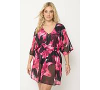 Yours Curve Black & Pink Mesh Flower Print Beach Kaftan - Women's - Plus Size Curve