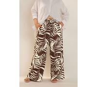 Yours Curve Palm Print Textured Wide Leg Trousers - Women's - Plus Size Curve Brown