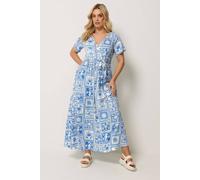 Yours Curve Blue Mixed Palm Tree Wrap Front Dress - Women's - Plus Size Curve