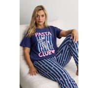 Yours Curve Blue 'Pasta Club' Wide Leg Striped Pyjama Set - Women's - Plus Size Curve