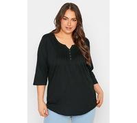 Yours for Good Curve Pintuck Button Henley T-Shirt - Women's - Plus Size Curve Black
