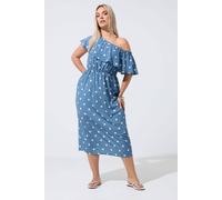 Yours Women's Polka Dot Frill Midi Dress in Blue | Size: 16
