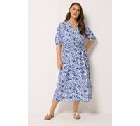 Yours Curve Blue Leaf Print Notch Neck Dress - Women's - Plus Size Curve