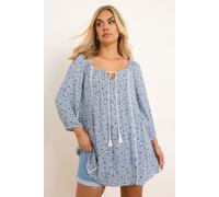 Yours Curve Ditsy Floral Print Tie Neck Top - Women's - Plus Size Curve Blue