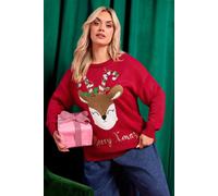 Yours Women's Reindeer 'Merry Xmas' Novelty Jumper in Red | Size: 18/20
