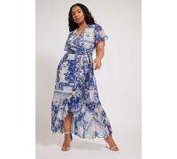 Yours London Curve Scarf Print Ruffle Wrap Dress - Women's - Plus Size Curve Blue