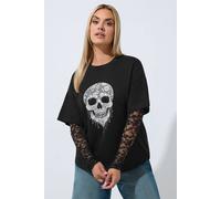 Yours Women's Skull Print Lace Sleeve T-Shirt in Black | Size: 20