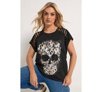 Yours Curve Skull Print Laser Cut T-Shirt - Women's - Plus Size Curve Black