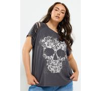 Yours Women's Skull Print Laser Cut T-Shirt in Grey | Size: 14