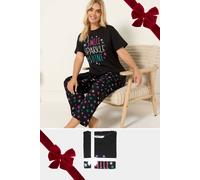 Yours Women's 'Smile Sparkle Shine' Wide Leg Pyjama Set in Black | Size: 38-40 Yours Black 38-40