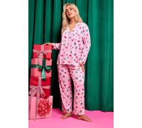 Yours Women's Stripe Christmas Print Lightweight Fleece Pyjama Set in Pink | Size: 14/16