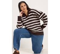 Yours Women's Stripe Collared Knitted Jumper in Brown | Size: 26/28