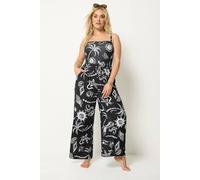 Yours Women's Summer Print Crinkle Wide Leg Trousers in Black | Size: 22-24 Yours Black 22-24