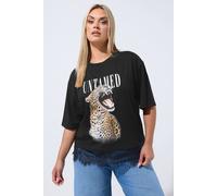 Yours Women's 'Untamed' Leopard Print Lace Hem T-Shirt in Black | Size: 14