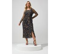 Yours Zebra Mesh Side Knot Midi Dress In Dark Brown Dark Brown
