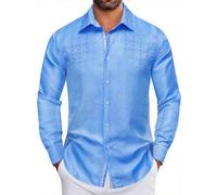 YourTies Baby Blue Dress Shirt for Men Silk Solid Button Down Shirts Long Sleeve Luxury Western Hoilday Casual Tops Party