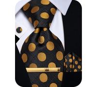 YourTies Black Gold Tie for Men Polka Dot Silk Necktie Pocket Square Cufflink Tie Clip Set Wedding Party Business Formal
