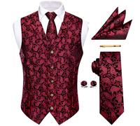 YourTies Black Red Christmas Waistcoat for Men Silk Jacquard Floral Vest Necktie Pocket Square Cufflinks Set Party Wedding Formal