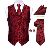YourTies Black Red Christmas Waistcoat for Men Silk Jacquard Paisley Vest Necktie Pocket Square Cufflinks Party Wedding Formal